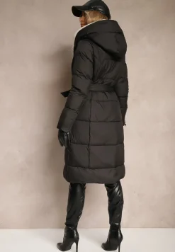 Czarna Długa Kurtka Pikowana z Kapturem Wiązana w Pasie Neanethra