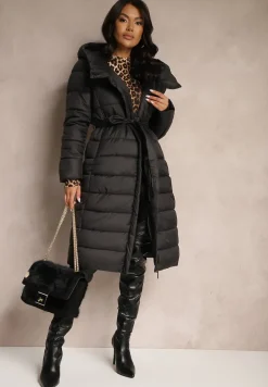 Czarna Długa Kurtka Pikowana z Paskiem Mocno Ocieplana Calsemi