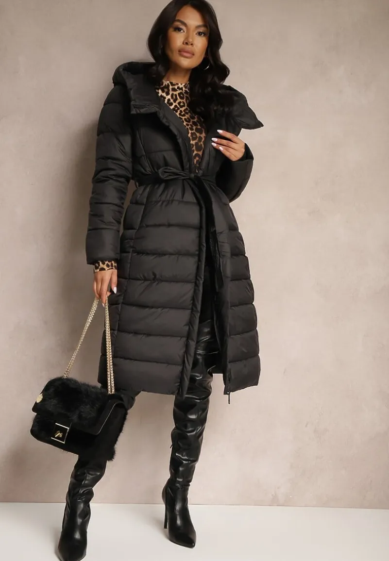 Czarna Długa Kurtka Pikowana z Paskiem Mocno Ocieplana Calsemi