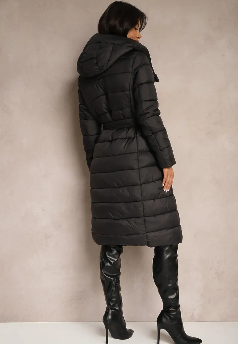 Czarna Długa Kurtka Pikowana z Paskiem Mocno Ocieplana Calsemi