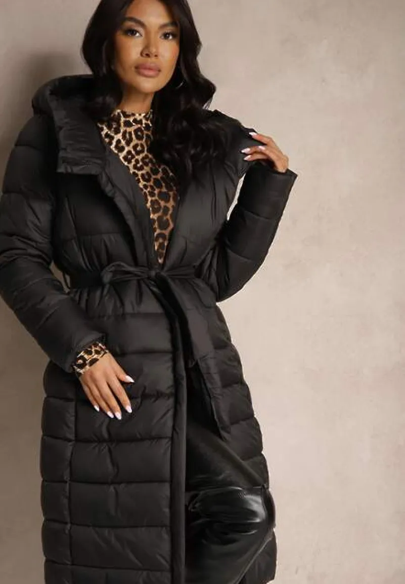 Czarna Długa Kurtka Pikowana z Paskiem Mocno Ocieplana Calsemi