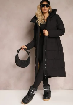 Czarna Długa Kurtka Pikowana Płaszcz Mocno Ocieplona z Nieodpinanym Kapturem Naliope