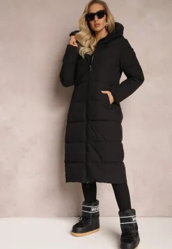 Czarna Długa Kurtka Pikowana Płaszcz Mocno Ocieplona z Nieodpinanym Kapturem Naliope