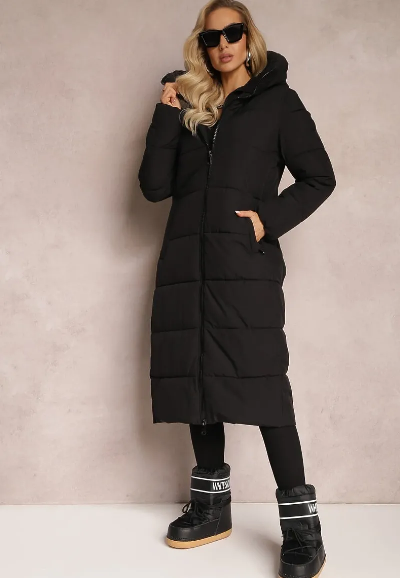Czarna Długa Kurtka Pikowana Płaszcz Mocno Ocieplona z Nieodpinanym Kapturem Naliope