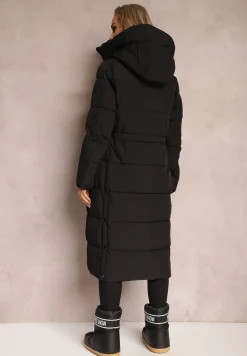 Czarna Długa Kurtka Pikowana Płaszcz Mocno Ocieplona z Nieodpinanym Kapturem Naliope