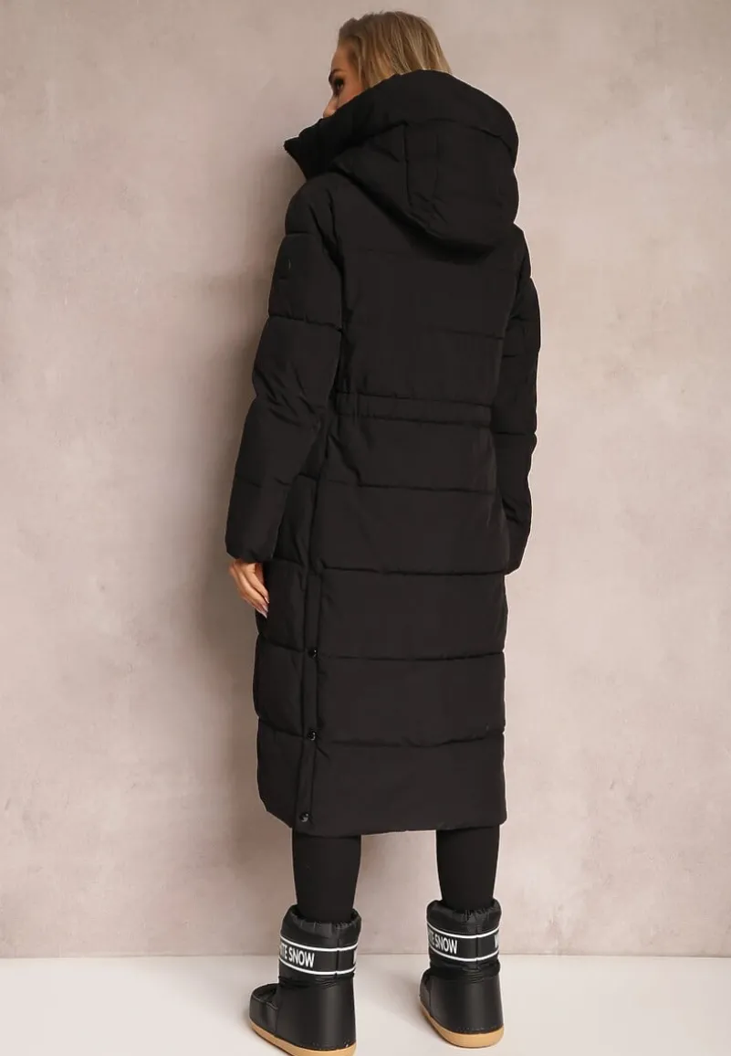 Czarna Długa Kurtka Pikowana Płaszcz Mocno Ocieplona z Nieodpinanym Kapturem Naliope