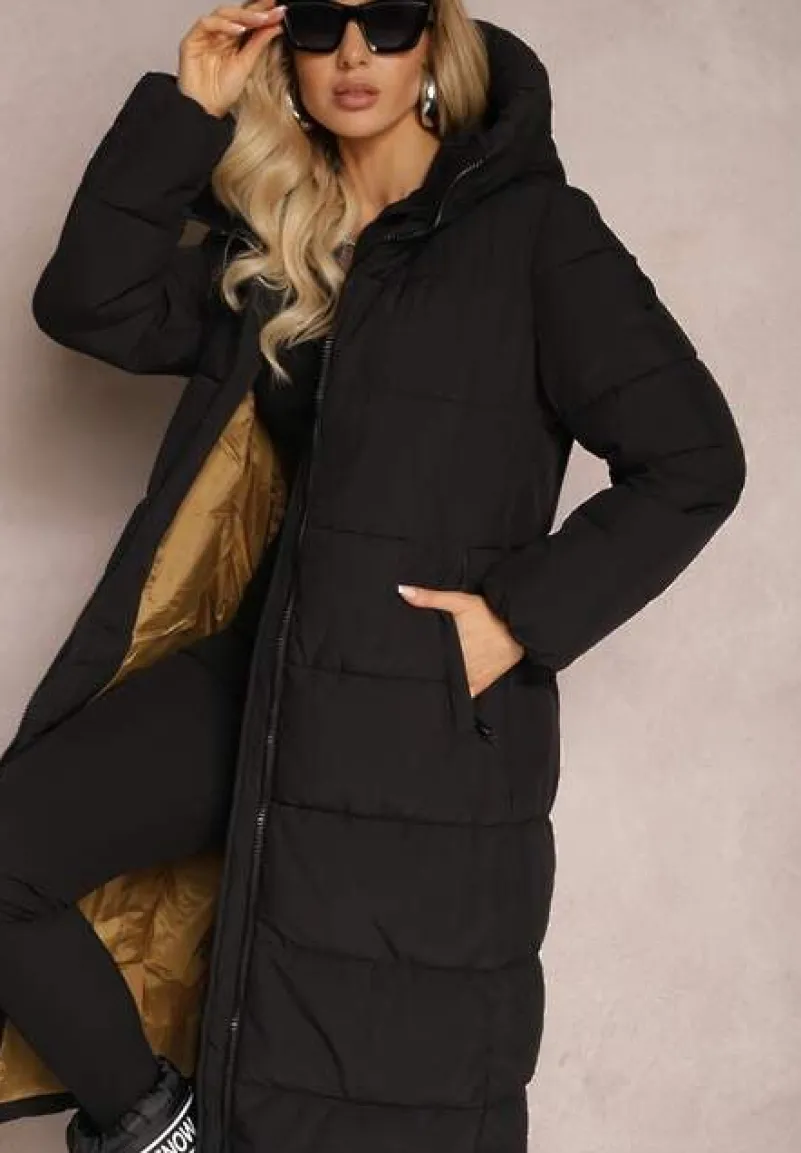 Czarna Długa Kurtka Pikowana Płaszcz Mocno Ocieplona z Nieodpinanym Kapturem Naliope