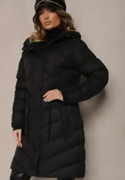 Czarna Długa Kurtka Taliowana z Kapturem Ozdobiona Pikowaniem Lunece