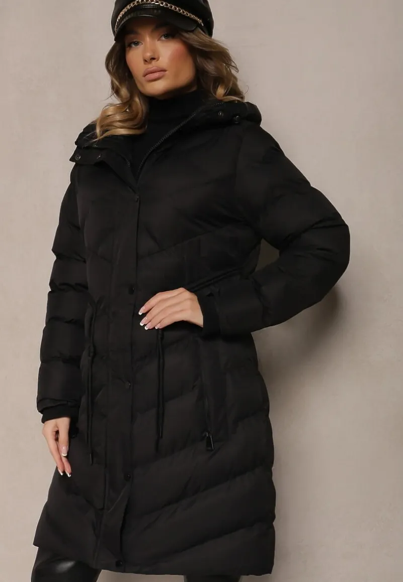 Czarna Długa Kurtka Taliowana z Kapturem Ozdobiona Pikowaniem Lunece