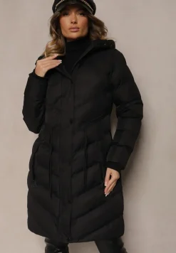 Czarna Długa Kurtka Taliowana z Kapturem Ozdobiona Pikowaniem Lunece