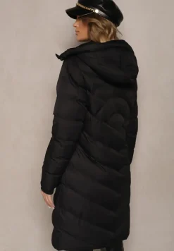 Czarna Długa Kurtka Taliowana z Kapturem Ozdobiona Pikowaniem Lunece