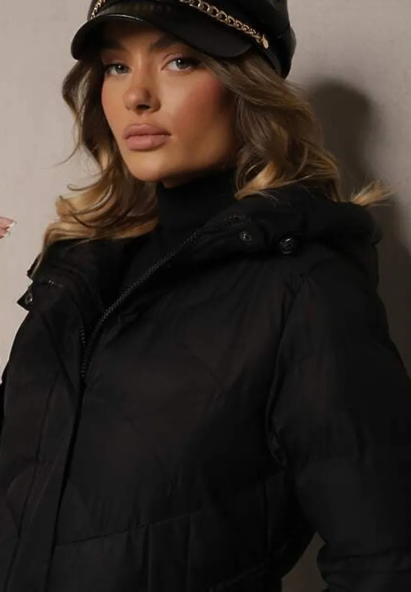 Czarna Długa Kurtka Taliowana z Kapturem Ozdobiona Pikowaniem Lunece