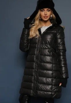 Czarna Długa Kurtka z Kapturem i Dwustronnym Suwakiem Zdobiona Pikowaniem Sanvela