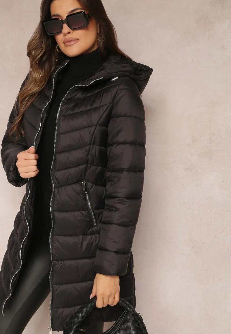 Czarna Długa Kurtka z Zasuwanymi Kieszonkami i Kapturem Chetrisa