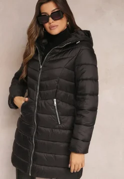 Czarna Długa Kurtka z Zasuwanymi Kieszonkami i Kapturem Chetrisa