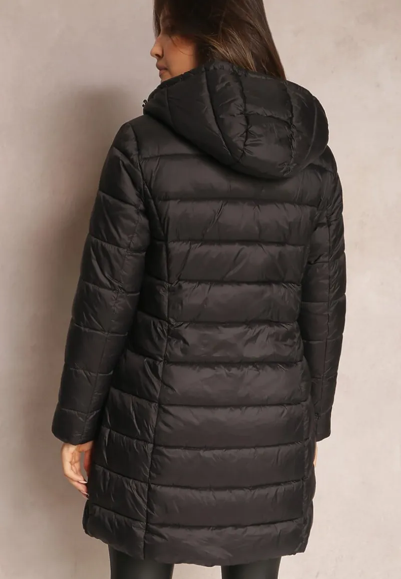 Czarna Długa Kurtka z Zasuwanymi Kieszonkami i Kapturem Chetrisa