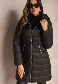 Czarna Długa Kurtka z Zasuwanymi Kieszonkami i Kapturem Chetrisa