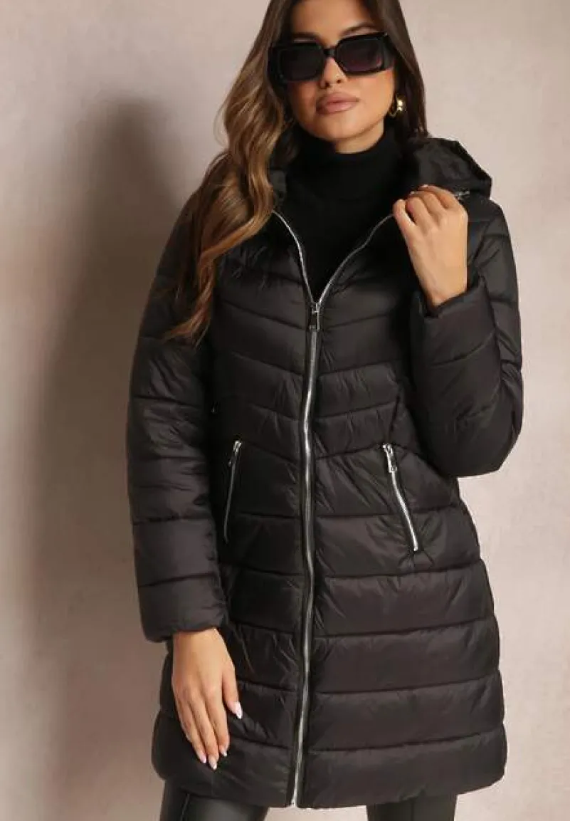 Czarna Długa Kurtka z Zasuwanymi Kieszonkami i Kapturem Chetrisa