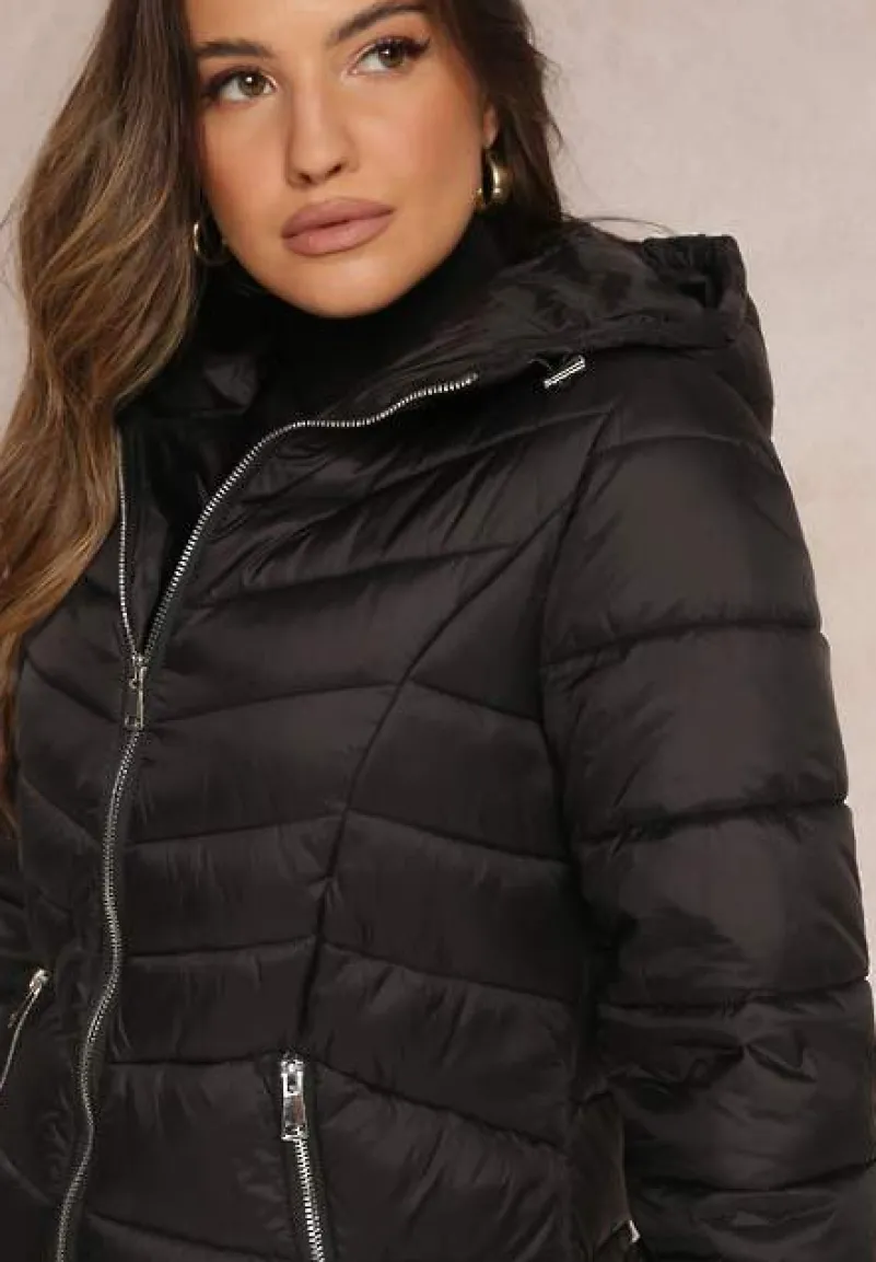 Czarna Długa Kurtka z Zasuwanymi Kieszonkami i Kapturem Chetrisa