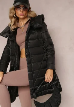 Czarna Długa Pikowana Kurtka z Kapturem Grieu