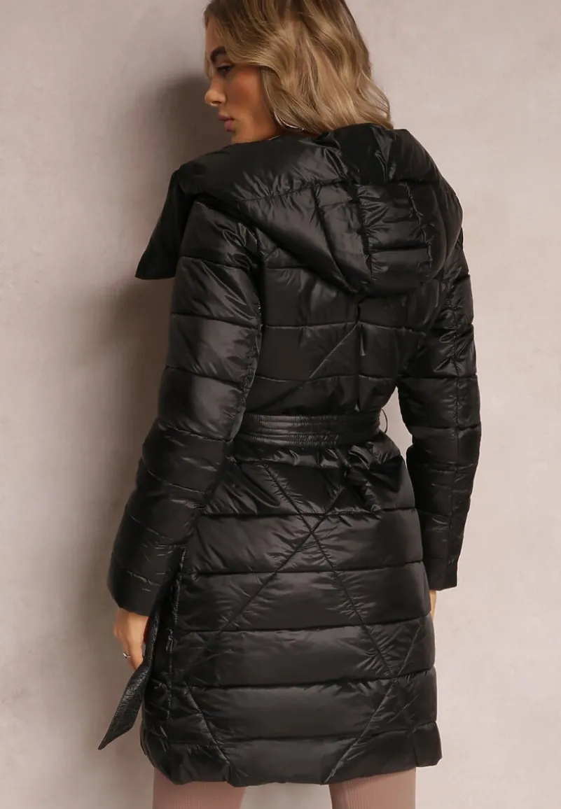 Czarna Długa Pikowana Kurtka z Kapturem Grieu