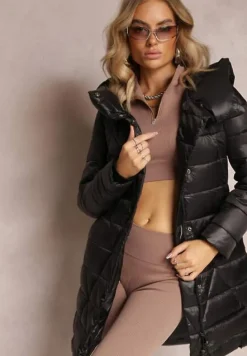 Czarna Długa Pikowana Kurtka z Kapturem Grieu