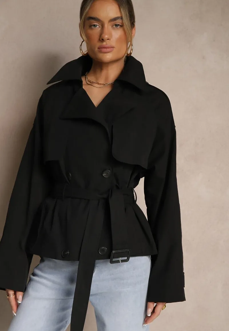 Czarna Dwurzędowa Kurtka w Stylu Trencza o Krótkim Kroju z Paskiem Stellis