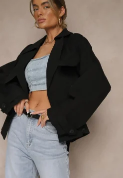 Czarna Dwurzędowa Kurtka w Stylu Trencza o Krótkim Kroju z Paskiem Stellis