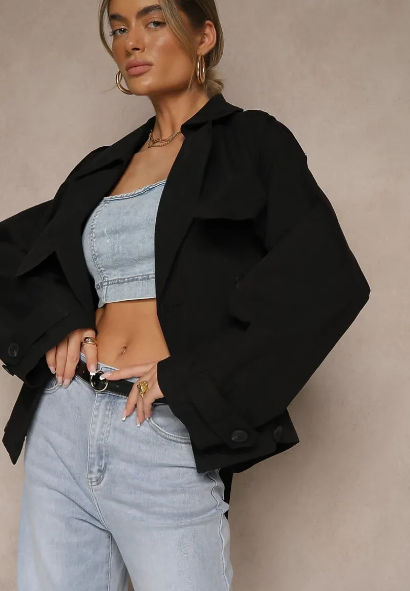 Czarna Dwurzędowa Kurtka w Stylu Trencza o Krótkim Kroju z Paskiem Stellis