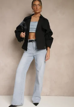 Czarna Dwurzędowa Kurtka w Stylu Trencza o Krótkim Kroju z Paskiem Stellis