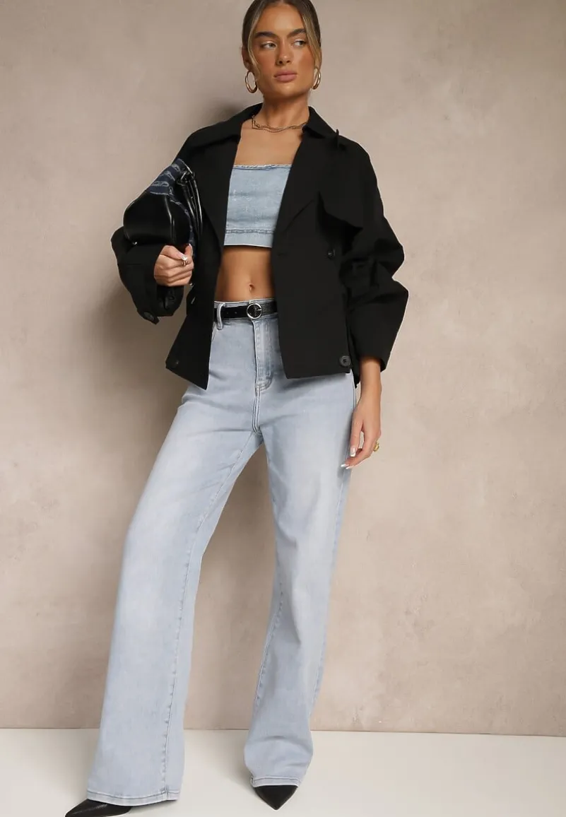 Czarna Dwurzędowa Kurtka w Stylu Trencza o Krótkim Kroju z Paskiem Stellis