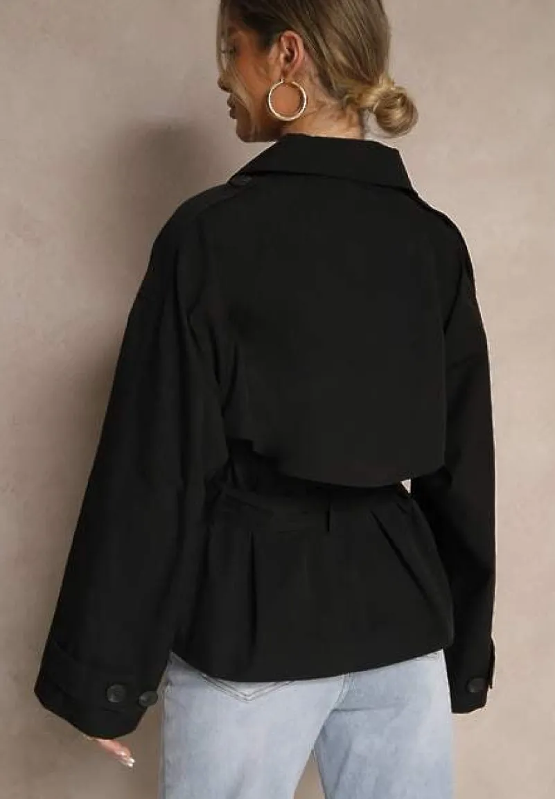 Czarna Dwurzędowa Kurtka w Stylu Trencza o Krótkim Kroju z Paskiem Stellis