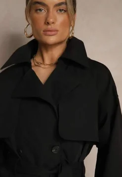 Czarna Dwurzędowa Kurtka w Stylu Trencza o Krótkim Kroju z Paskiem Stellis