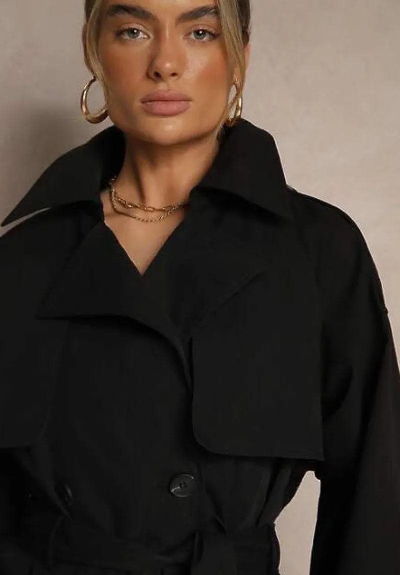 Czarna Dwurzędowa Kurtka w Stylu Trencza o Krótkim Kroju z Paskiem Stellis