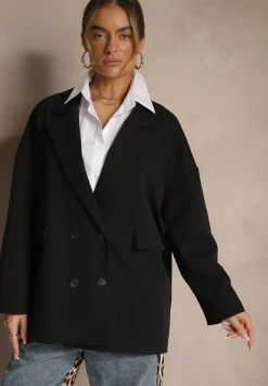 Czarna Dwurzędowa Marynarka z Wiskozą o Pudełkowym Fasonie Stellirae