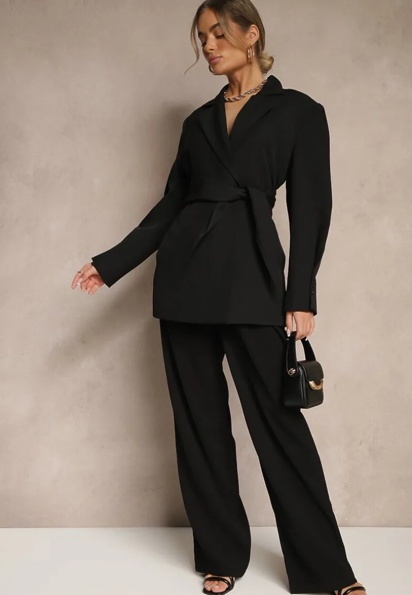 Czarna Dwurzędowa Marynarka z Geometrycznym Wiązanym Paskiem Lanniva