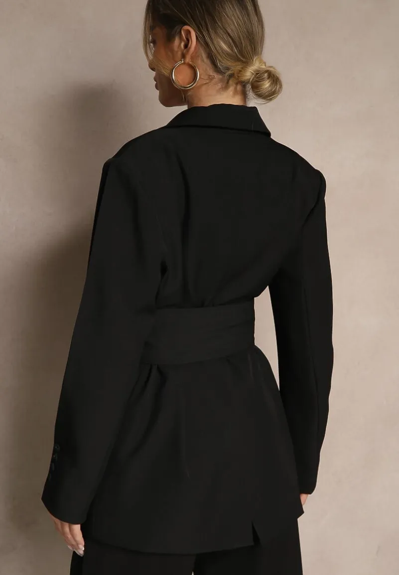 Czarna Dwurzędowa Marynarka z Geometrycznym Wiązanym Paskiem Lanniva