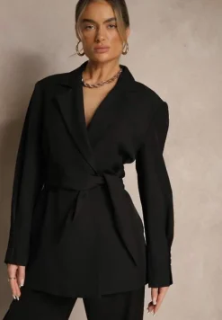 Czarna Dwurzędowa Marynarka z Geometrycznym Wiązanym Paskiem Lanniva