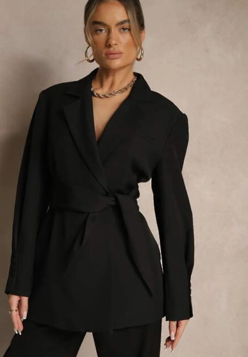 Czarna Dwurzędowa Marynarka z Geometrycznym Wiązanym Paskiem Lanniva