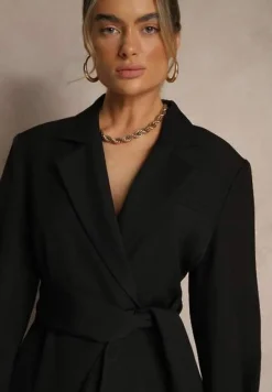 Czarna Dwurzędowa Marynarka z Geometrycznym Wiązanym Paskiem Lanniva