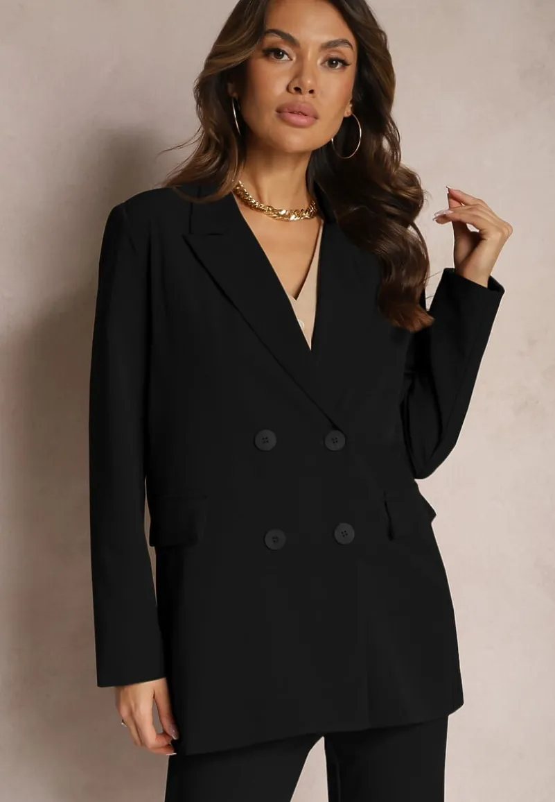 Czarna Dwurzędowa Marynarka na Guziki z Poduszkami w Ramionach Elennia