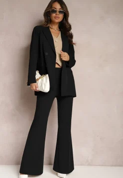 Czarna Dwurzędowa Marynarka na Guziki z Poduszkami w Ramionach Elennia