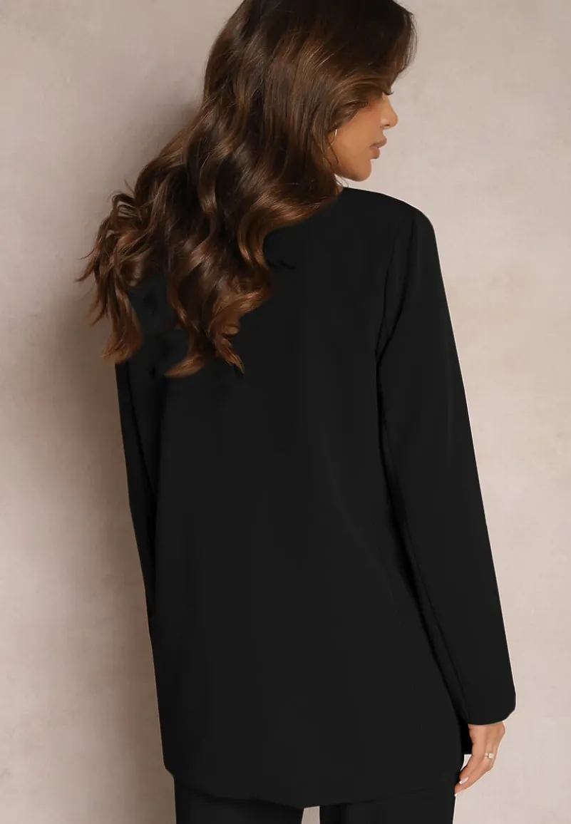 Czarna Dwurzędowa Marynarka na Guziki z Poduszkami w Ramionach Elennia