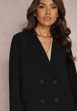 Czarna Dwurzędowa Marynarka na Guziki z Poduszkami w Ramionach Elennia