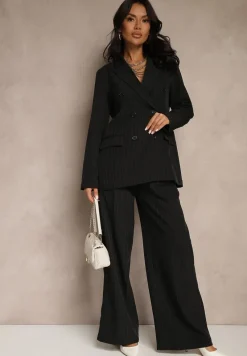 Czarna Dwurzędowa Marynarka z Wiskozą i Usztywnianą Linią Ramion Ellirisa