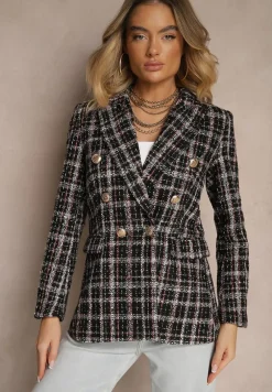 Czarna Dwurzędowa Marynarka z Błyszczącą Nicią i Poduszkami na Ramionach Elilona