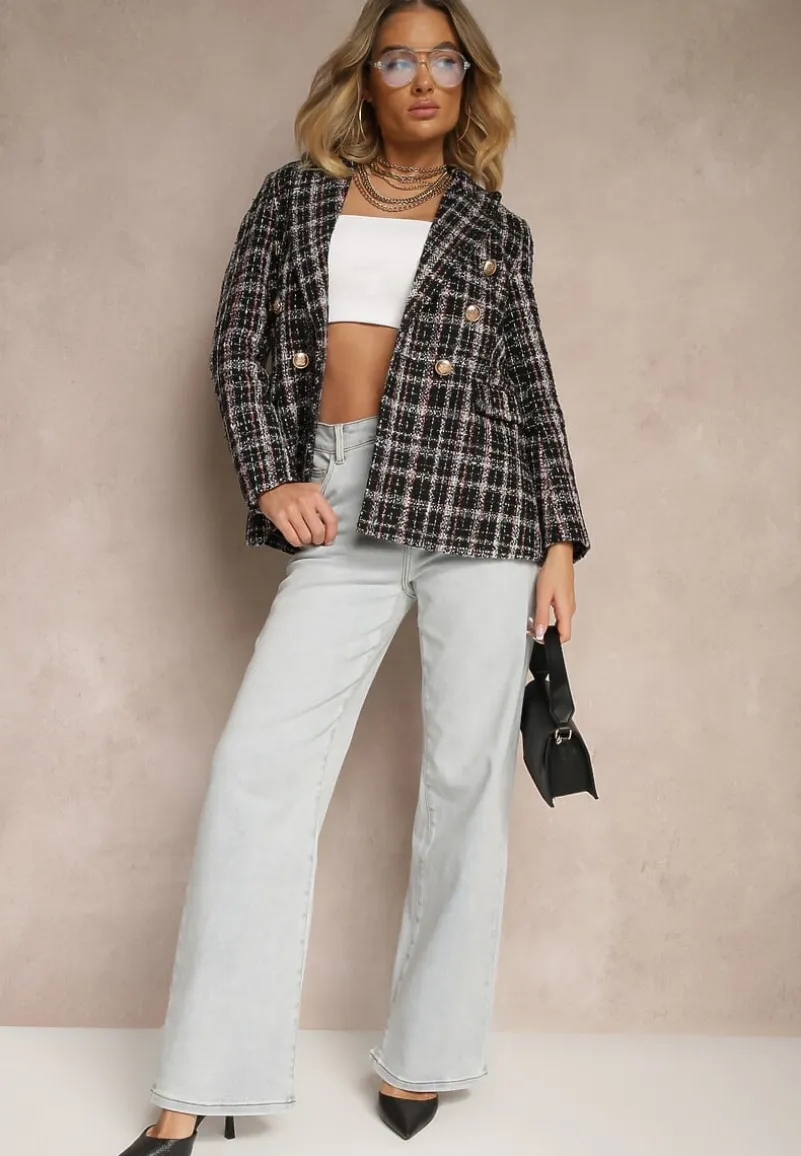 Czarna Dwurzędowa Marynarka z Błyszczącą Nicią i Poduszkami na Ramionach Elilona