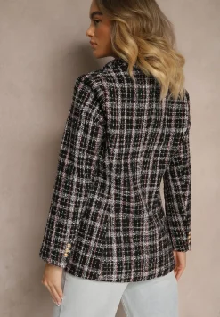 Czarna Dwurzędowa Marynarka z Błyszczącą Nicią i Poduszkami na Ramionach Elilona