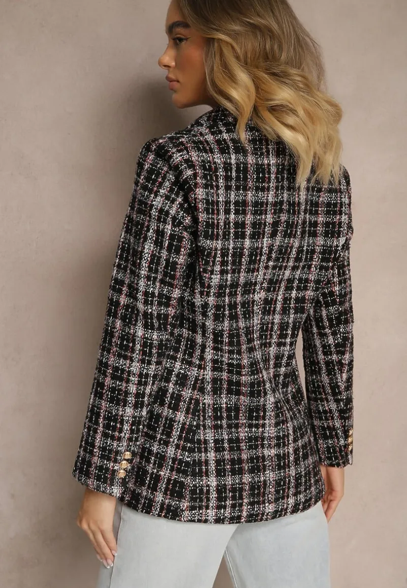 Czarna Dwurzędowa Marynarka z Błyszczącą Nicią i Poduszkami na Ramionach Elilona