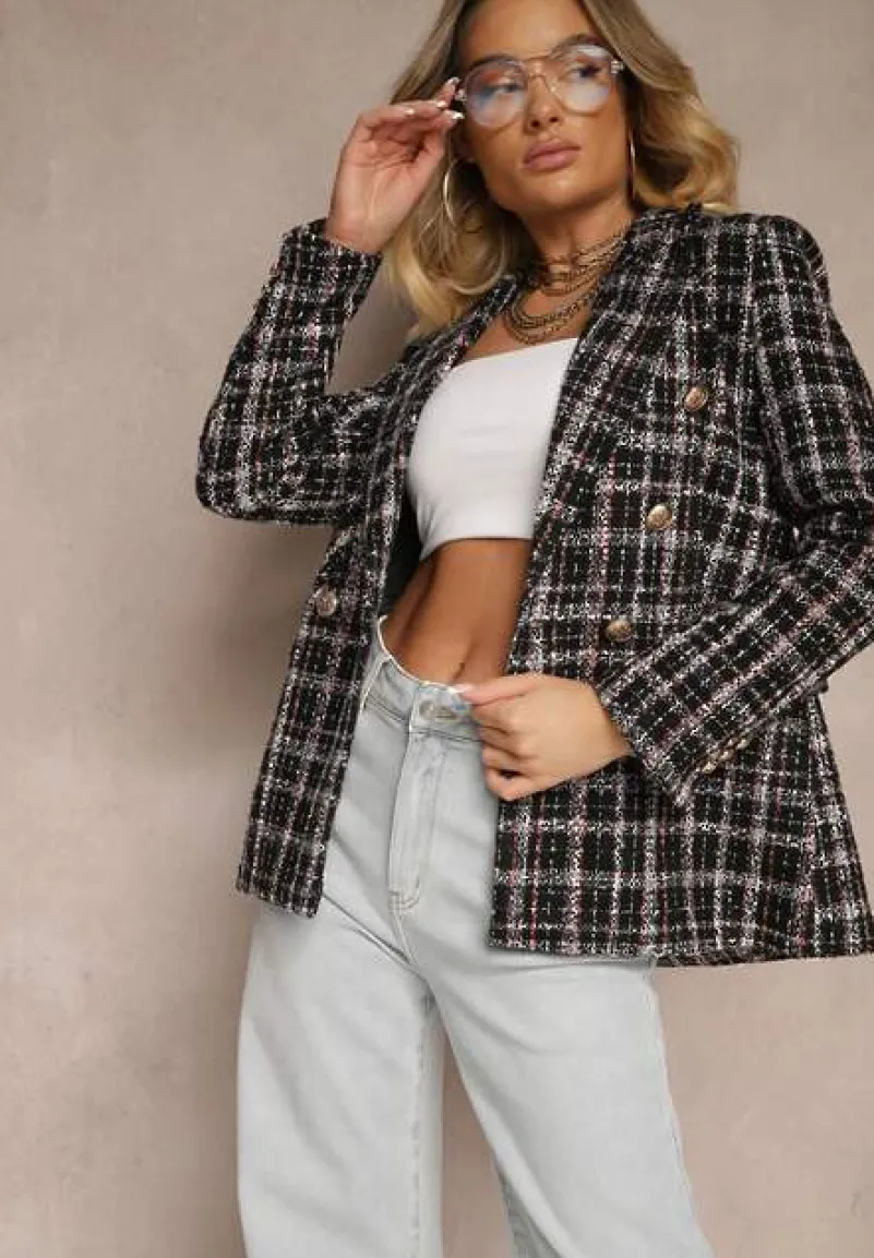 Czarna Dwurzędowa Marynarka z Błyszczącą Nicią i Poduszkami na Ramionach Elilona